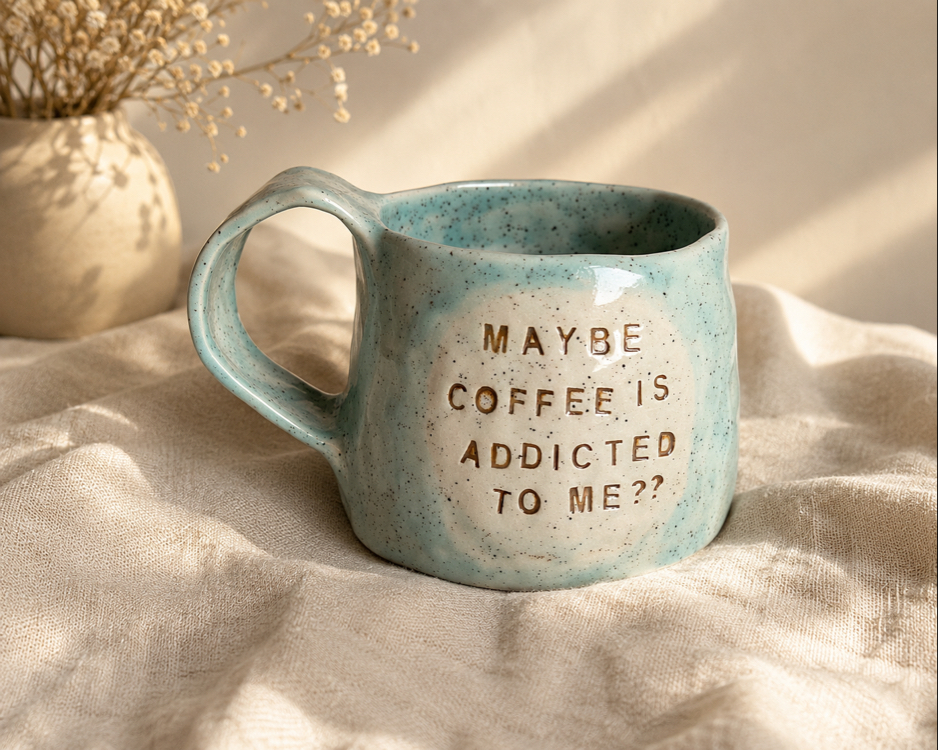 “Maybe coffee is addicted to me?” handmade mug