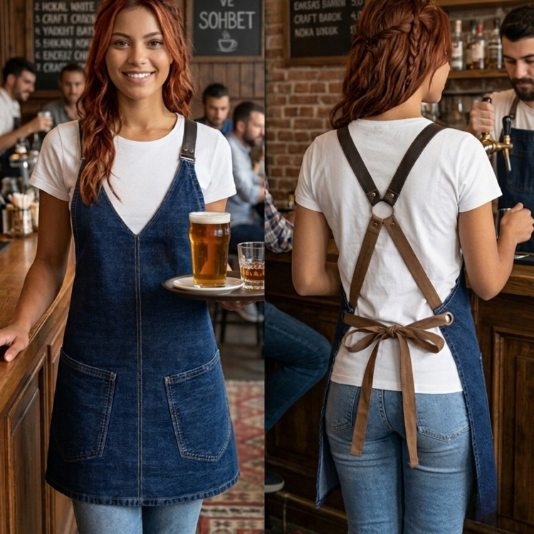 Kot Önlük Deri Askılı V-yaka Barista Bar Servis 
