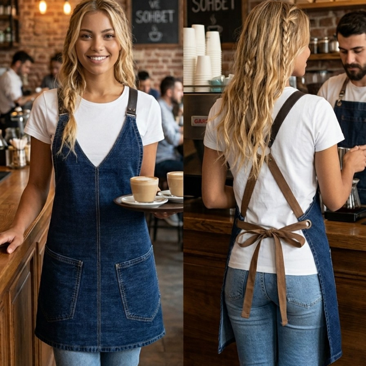 Kot Önlük Deri Askılı V-yaka Barista Bar Servis 