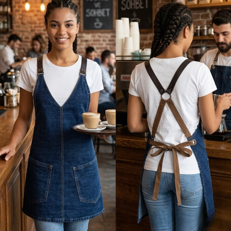 Kot Önlük Deri Askılı V-yaka Barista Bar Servis 