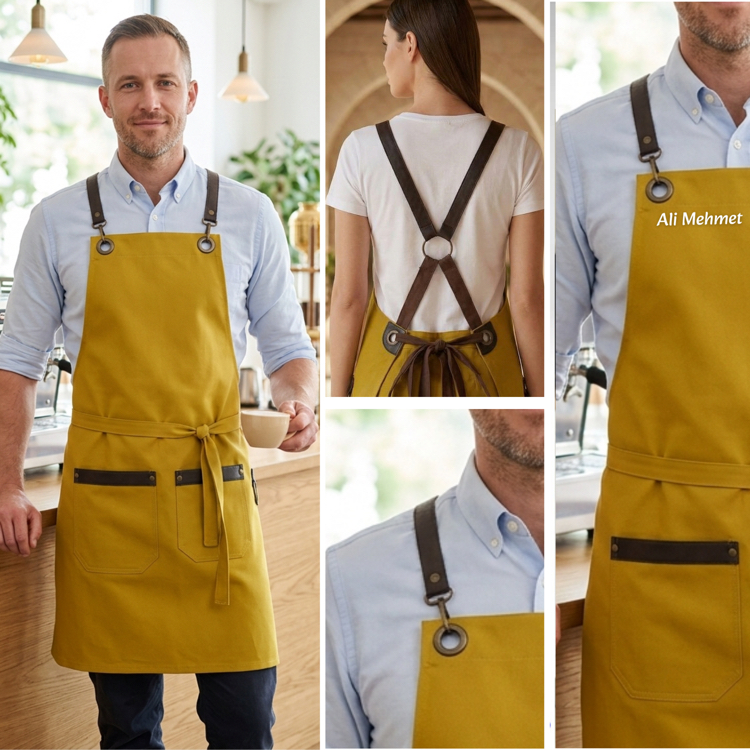 Deri Askılı Cepleri Deri Detaylı Leke Tutmaz Sıvı İtici Barista Chef Önlük
