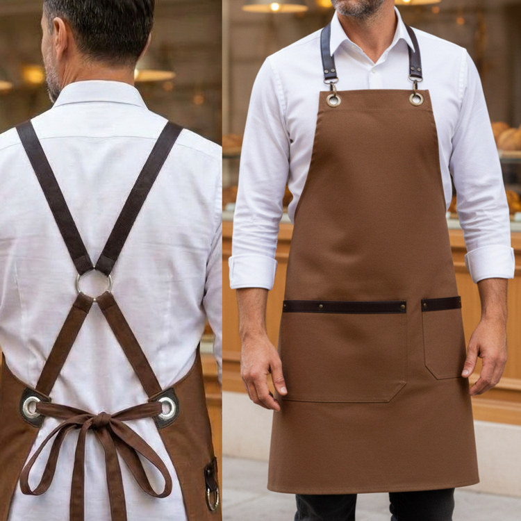 Deri Askılı Cepleri Deri Detaylı Leke Tutmaz Sıvı İtici Barista Chef Önlük