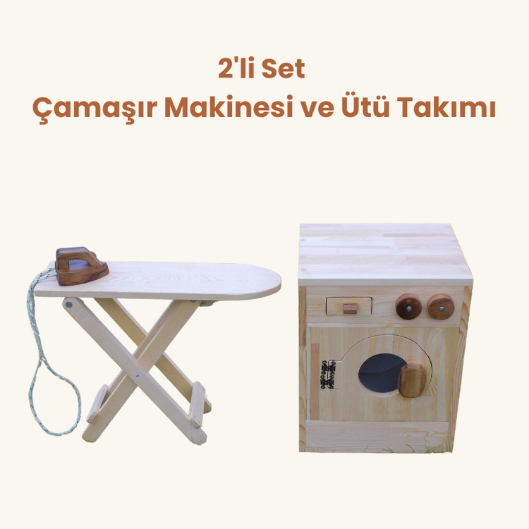 Ahşap Oyuncak Çamaşır Makinesi ve Ütü Masası Seti (Kargo Bedava)