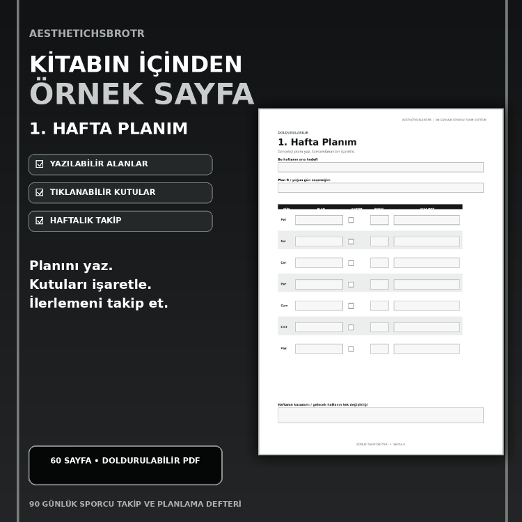 90 Günlük Sporcu Takip ve Planlama Defteri – Doldurulabilir PDF