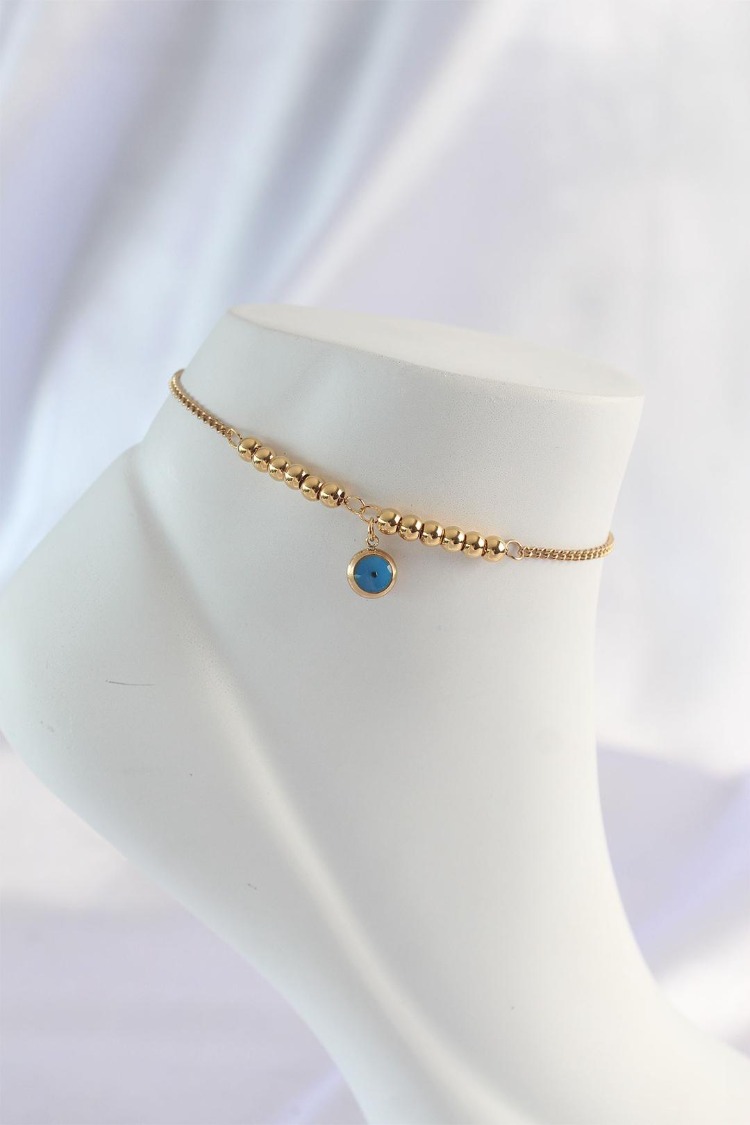 316L Çelik Gold Renk Minimal Nazar Boncuklu Halhal | HH1579