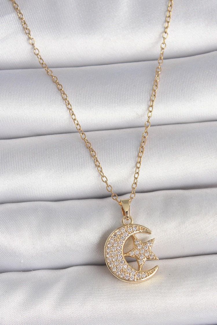 316L Çelik Gold Renk Zincir Zirkon Taşlı Ay Yıldız Model Kadın Kolye | BKO10107