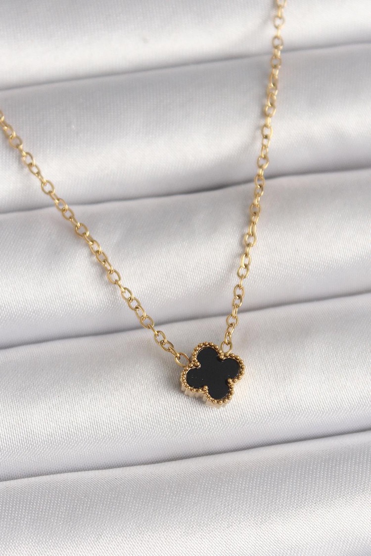 316L Çelik Gold Renk Beyaz Yonca Model Kadın Kolye | BKO10021