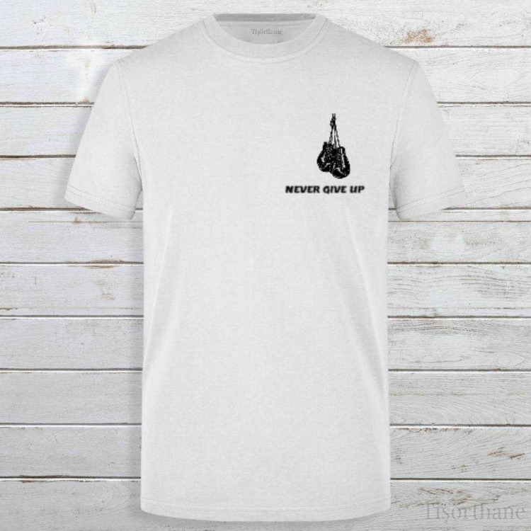 Never Give Up Baskılı Slim Fit Beyaz Erkek Tişört