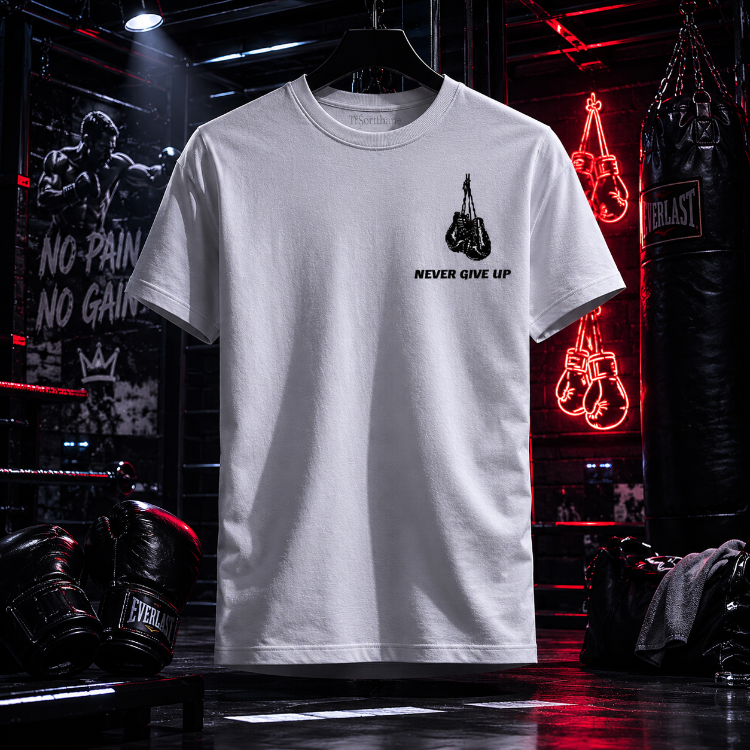 Never Give Up Baskılı Slim Fit Beyaz Erkek Tişört