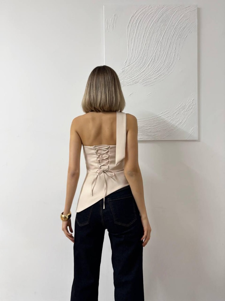 Champagne Lace-Up Asimetrik Straplez Bluz
