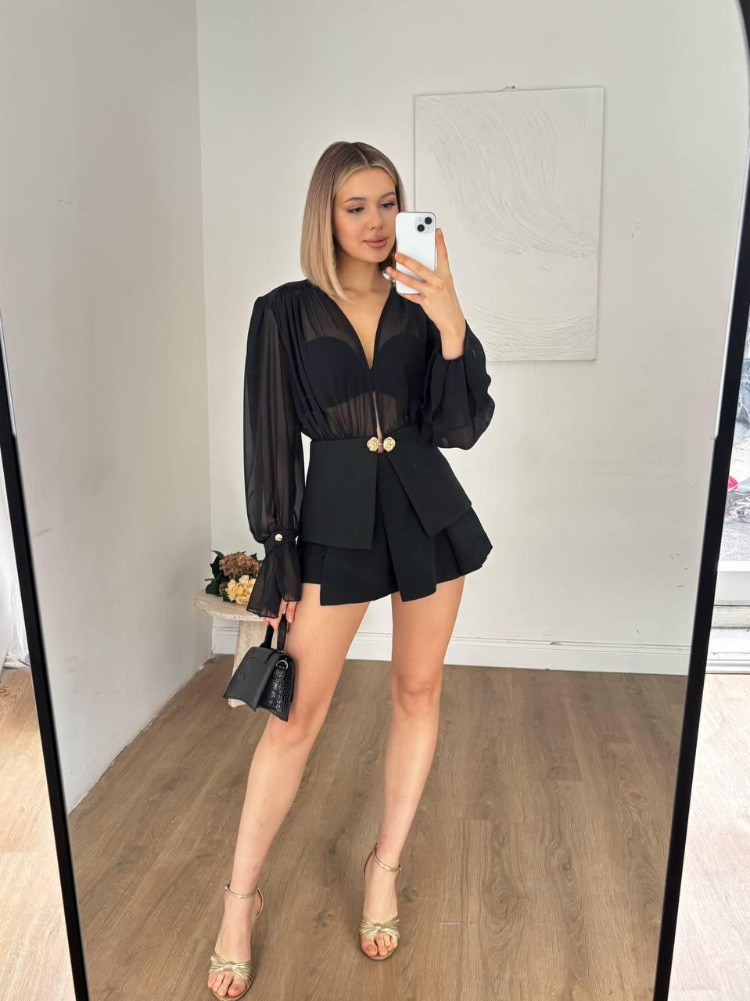 Noir Gold Düğme Detaylı Şifon Bluzlu Ceket Elbise