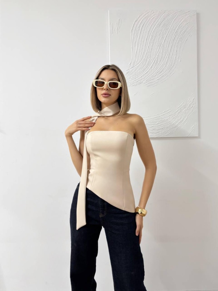 Champagne Lace-Up Asimetrik Straplez Bluz