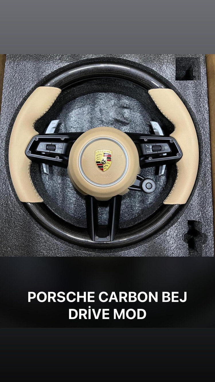 PoPorsche Karbon Bej Deri Orijinal Drive Mode Multifonksiyonel Direksiyon Simidi