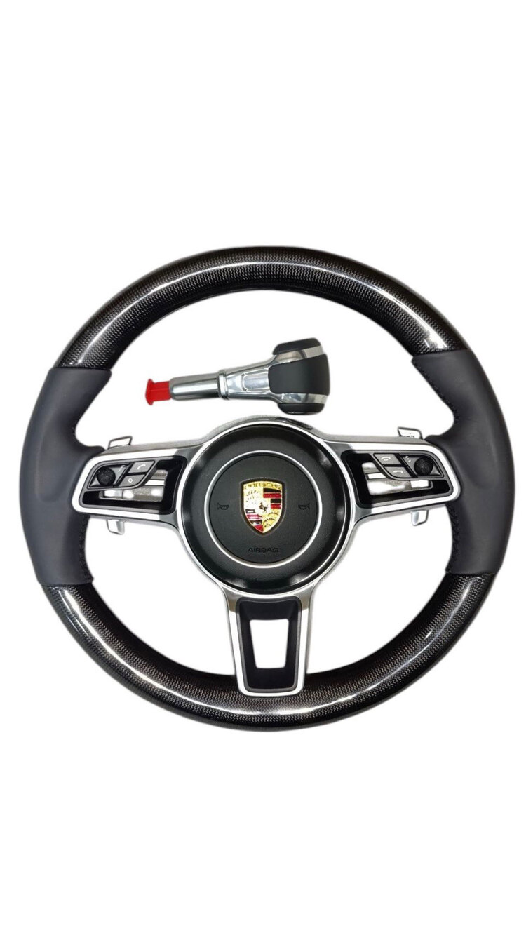 Porsche Karbon Fiber & Siyah Deri Direksiyon + Vites Topuzu Seti