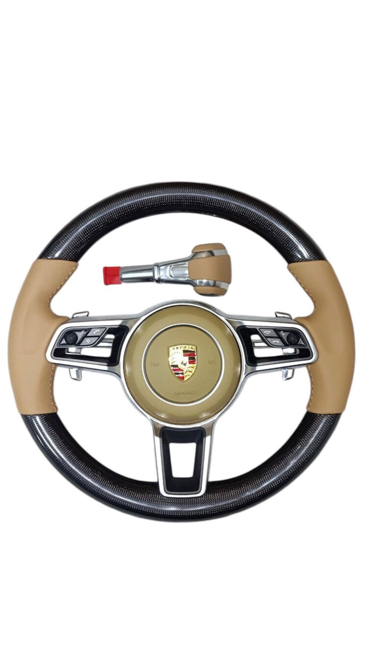 Porsche & Bej Deri Karbon Fiber Spor Direksiyon (Airbag Dahil - Paddle Shift & Fonksiyonel