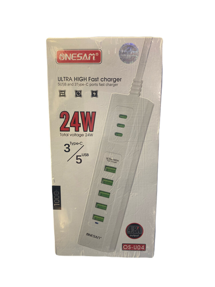 24 Watt  5 USB 3 Typ-C Girişli Üçlü Priz 