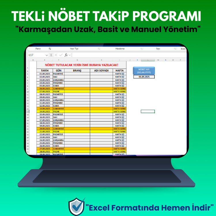 TEK GÖREV YERİ NÖBET TAKİP EXCELİ (BASİT SÜRÜM)
