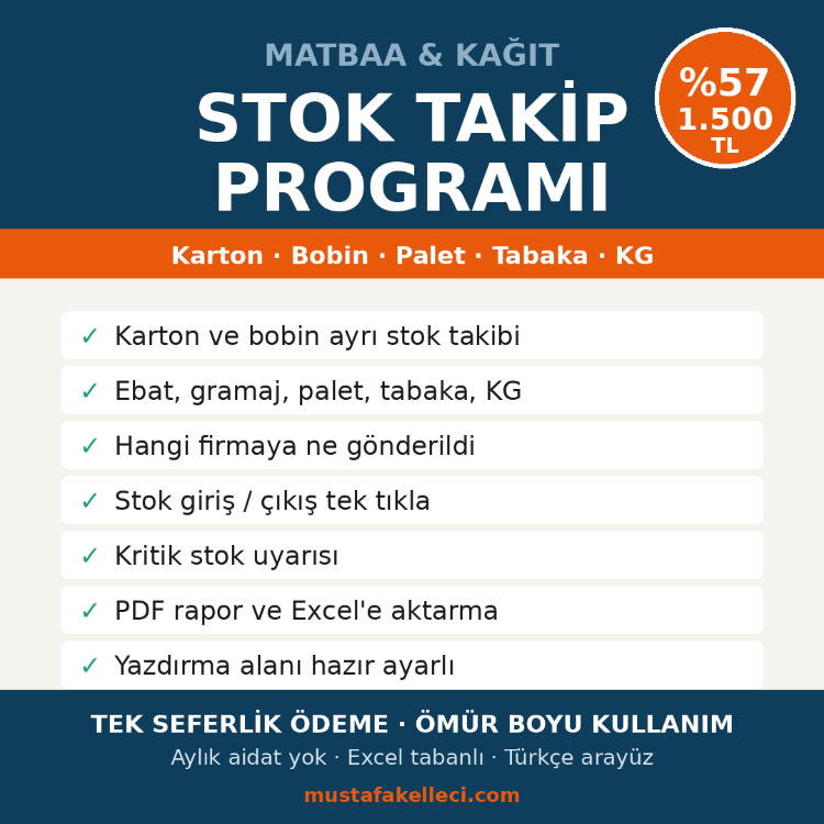 Matbaa & Kağıt Stok Takip Programı | Karton-Bobin, Palet/Tabaka/KG Takibi, PDF & Excel Rapor