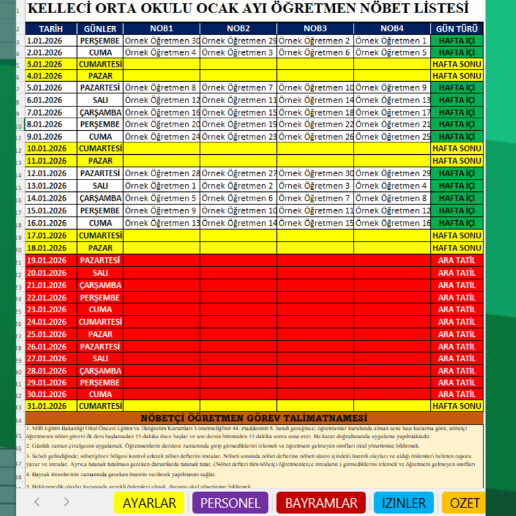 ÖĞRETMEN NÖBET PROGRAMI