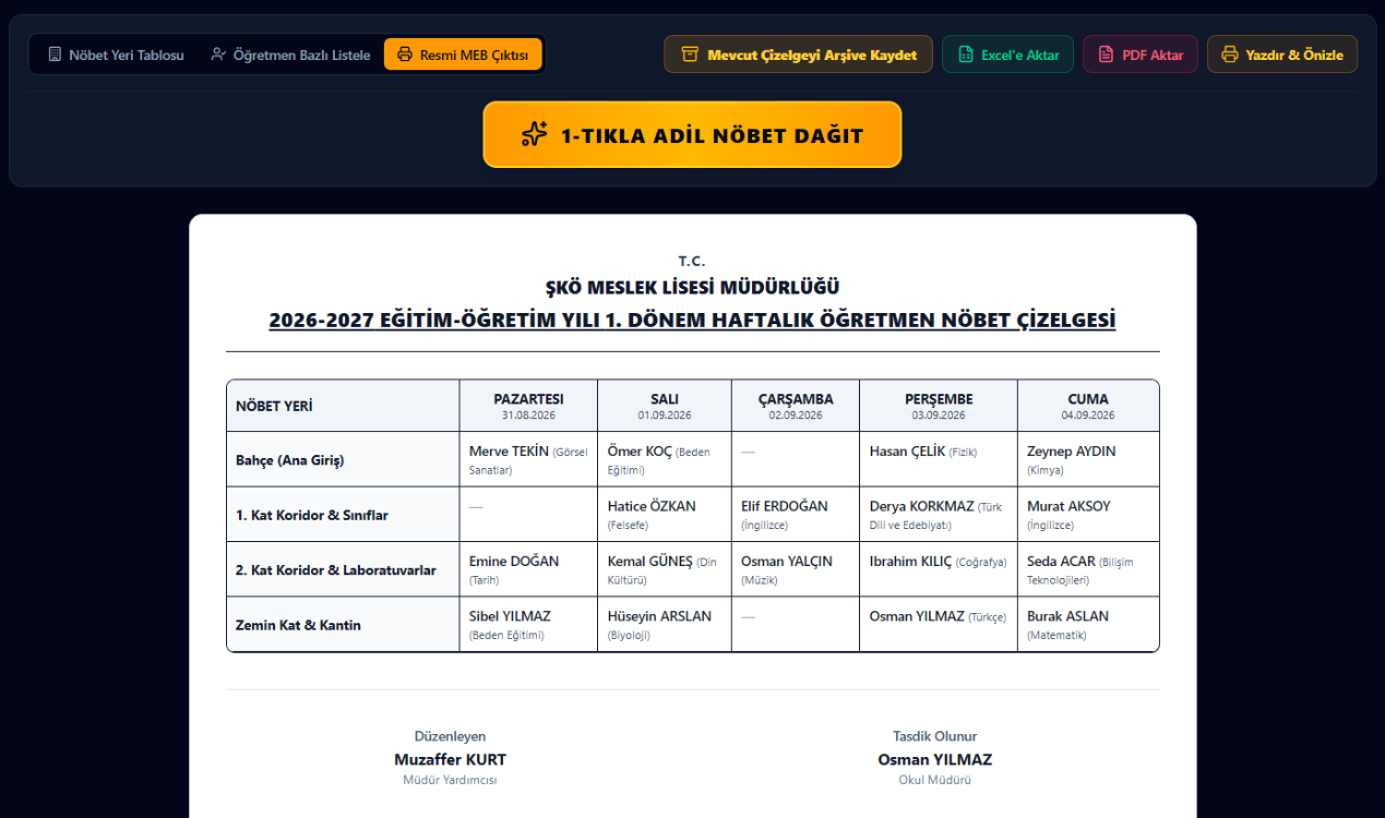 Okul Nöbet Programı — İLK ALIM (1 Yıl Dahil)