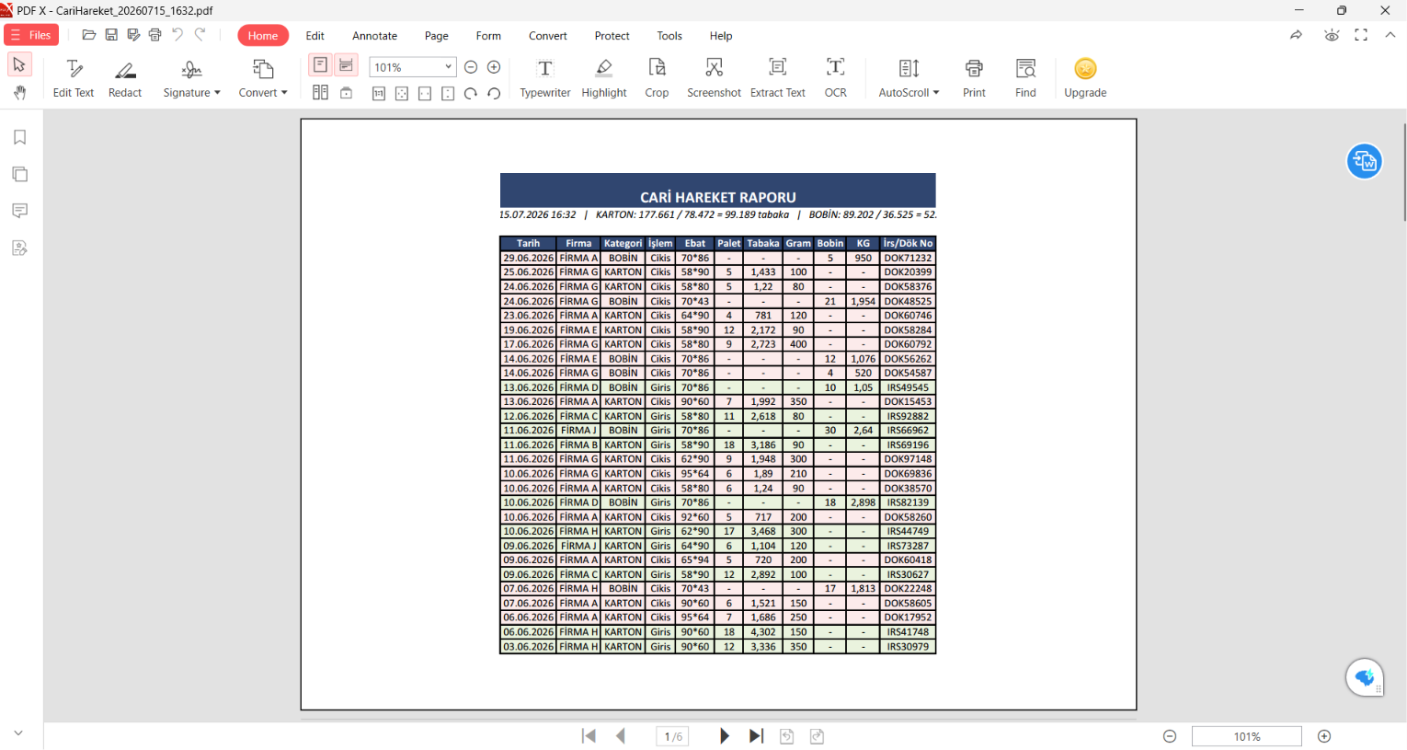 Matbaa & Kağıt Stok Takip Programı | Karton-Bobin, Palet/Tabaka/KG Takibi, PDF & Excel Rapor
