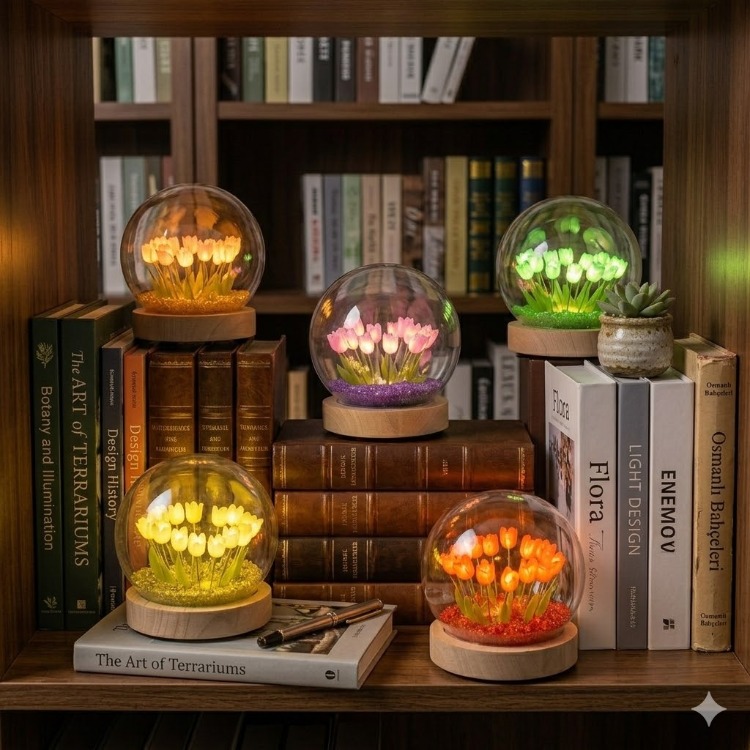 LED Işıklı Lale Dekoratif Cam Fanus