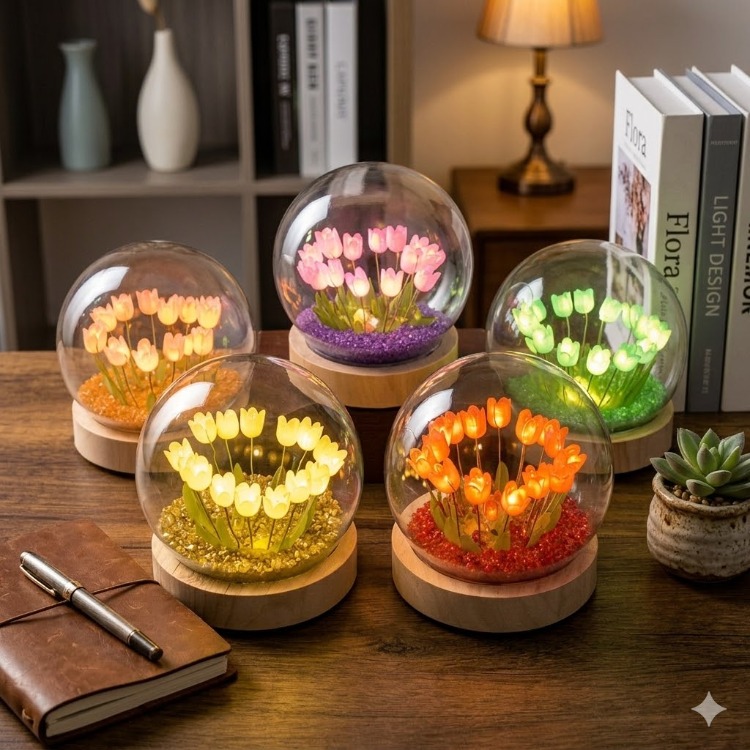 LED Işıklı Lale Dekoratif Cam Fanus