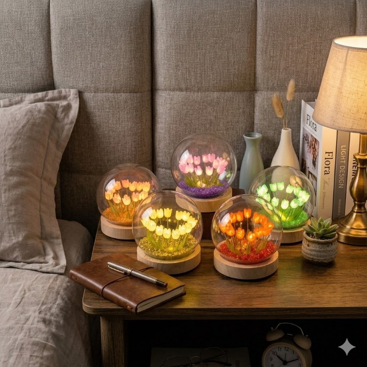 LED Işıklı Lale Dekoratif Cam Fanus