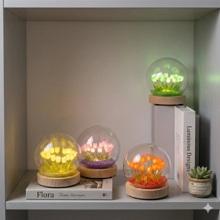 LED Işıklı Lale Dekoratif Cam Fanus