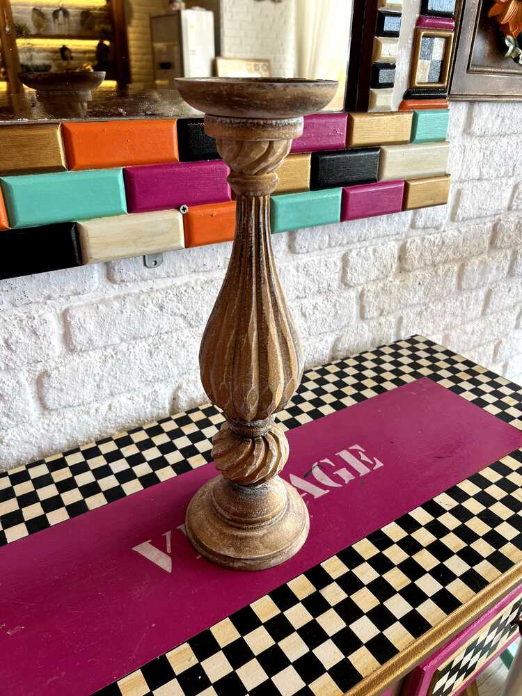 Tamamen El Boyaması Ahşap Şamdan