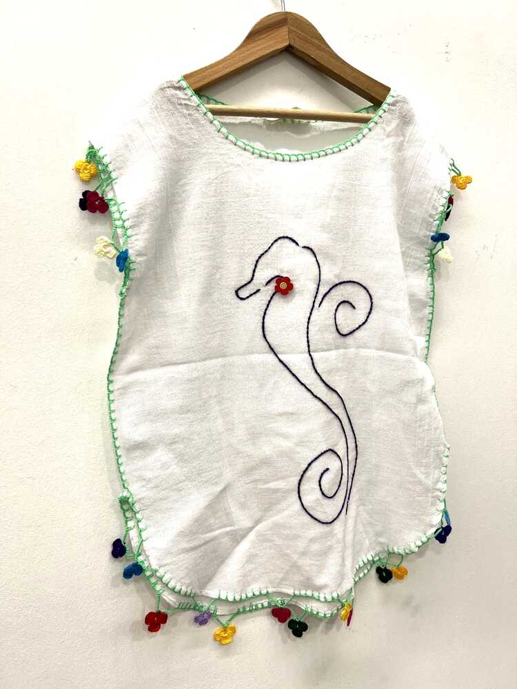 Denizatı İşlemeli Keten Bebek Pareosu