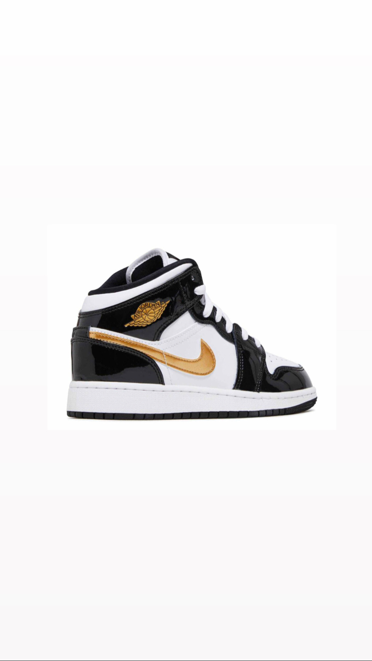 Nike Air Jordan 1 Mid Patent Black White Gold