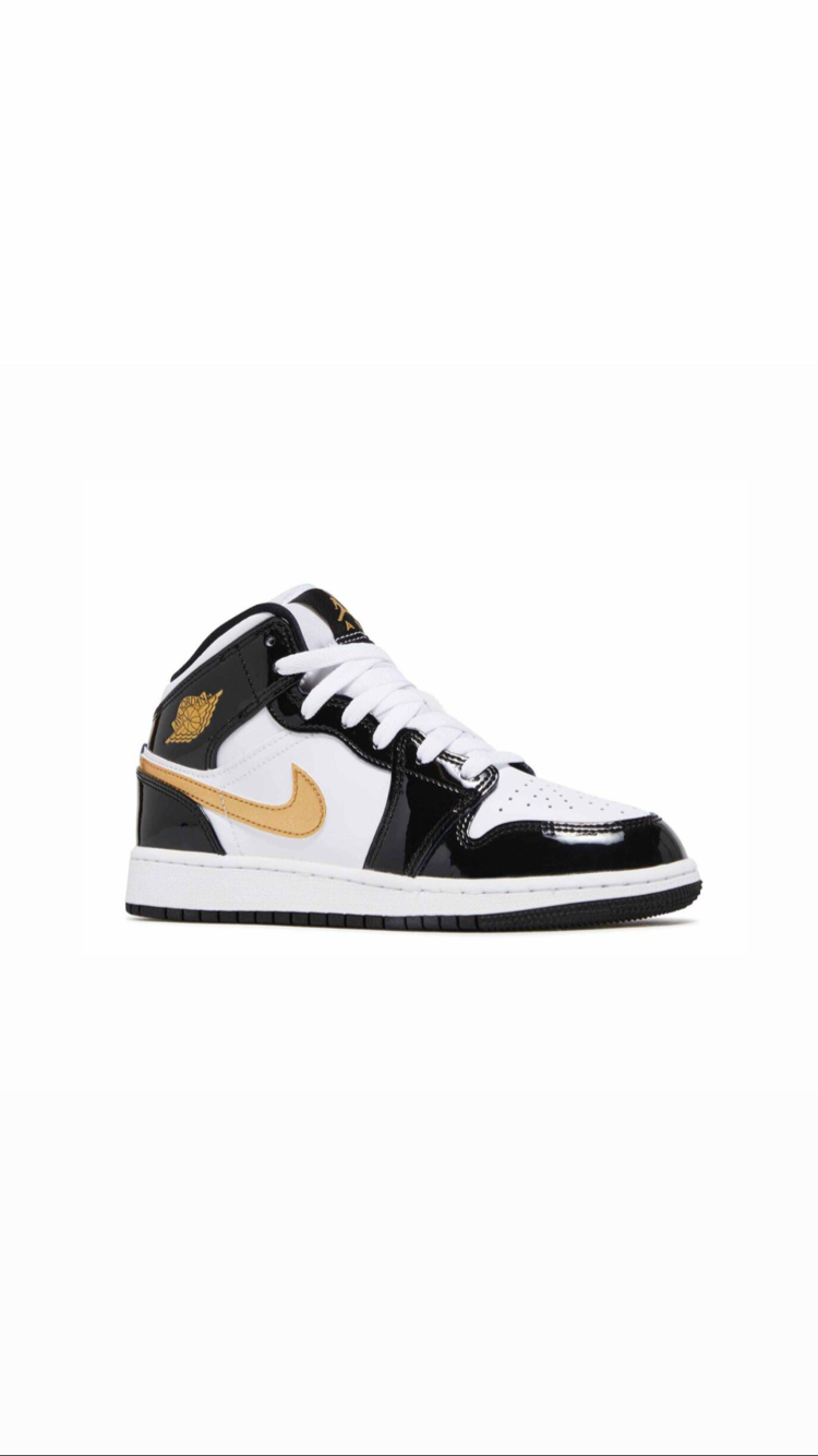 Nike Air Jordan 1 Mid Patent Black White Gold