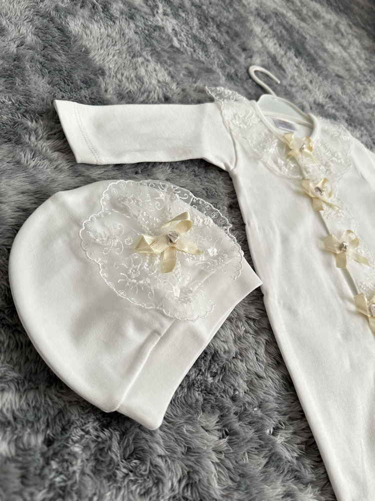 Kız Bebek Gold Detaylı ve Güpürlü Hastane Çıkışı Tulum Seti - 2 Parça