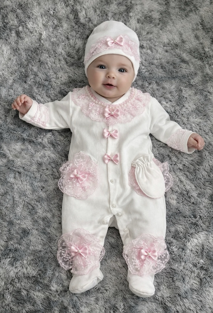 Kız Bebek Ppembe Dantelli ve İncili Mevlüt Tulumu - 3 Parça Set