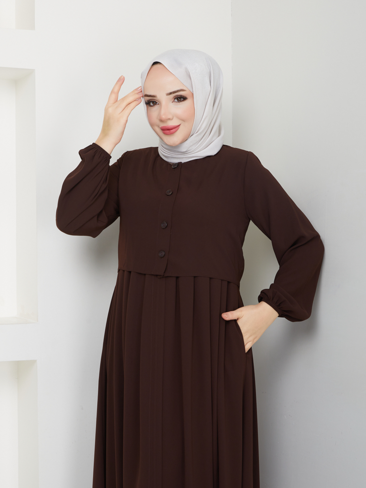 Bolero ve Düğme Detaylı Gizli Fermuarlı Ferace(Acı Kahve)