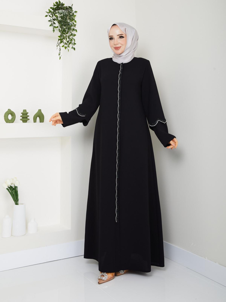 Çift Kol Detaylı Taşlı Ferace(Siyah)