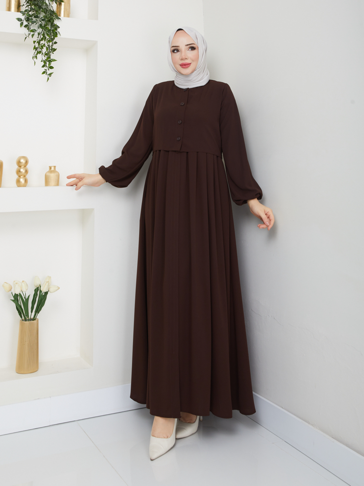 Bolero ve Düğme Detaylı Gizli Fermuarlı Ferace(Acı Kahve)
