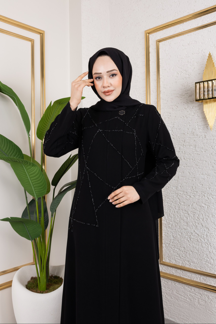 Gizli Fermuarlı Taşlı Ferace(Siyah)