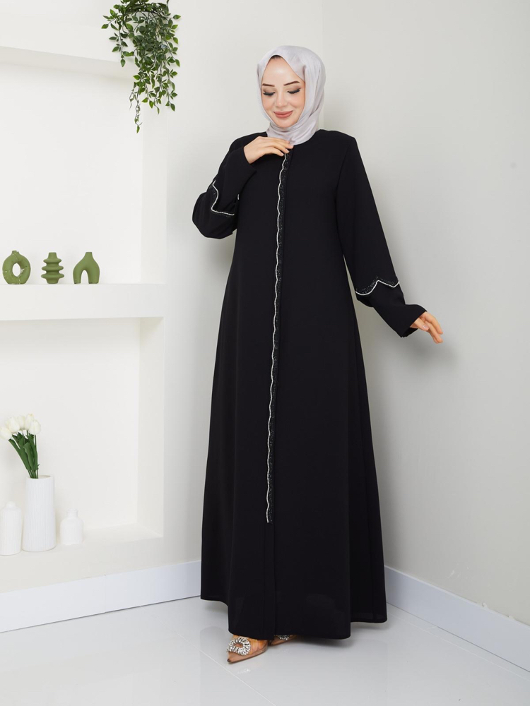 Çift Kol Detaylı Taşlı Ferace(Siyah)