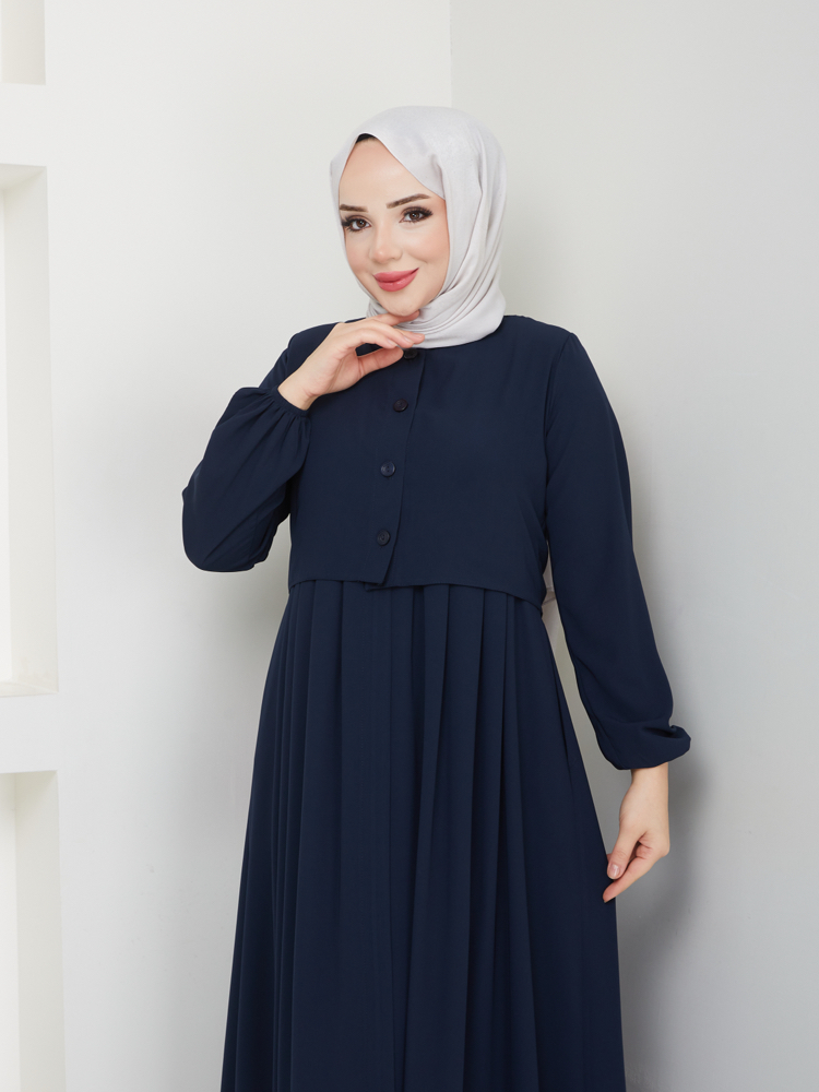 Bolero ve Düğme Detaylı Gizli Fermuarlı Ferace(Lacivert)