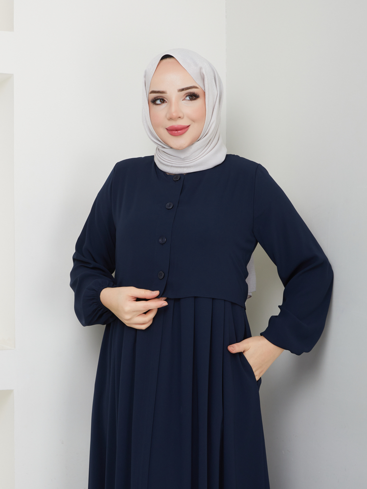 Bolero ve Düğme Detaylı Gizli Fermuarlı Ferace(Lacivert)