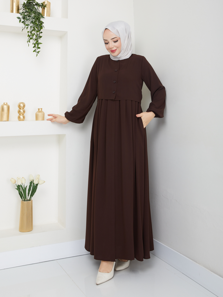 Bolero ve Düğme Detaylı Gizli Fermuarlı Ferace(Acı Kahve)