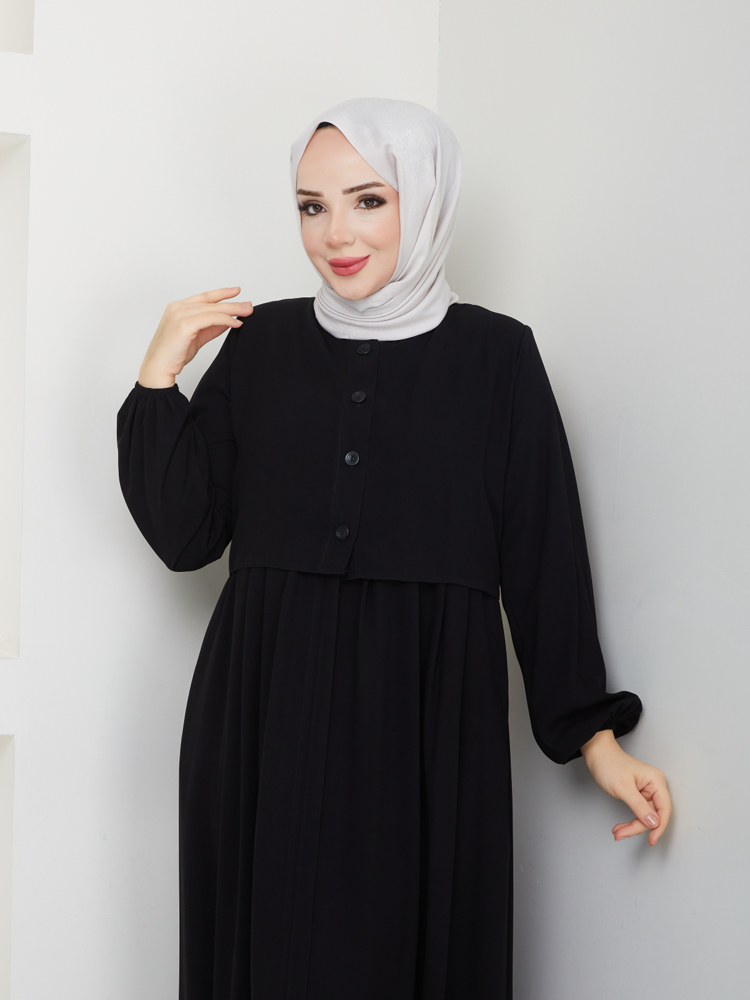 Bolero ve Düğme Detaylı Gizli Fermuarlı Ferace(Siyah)