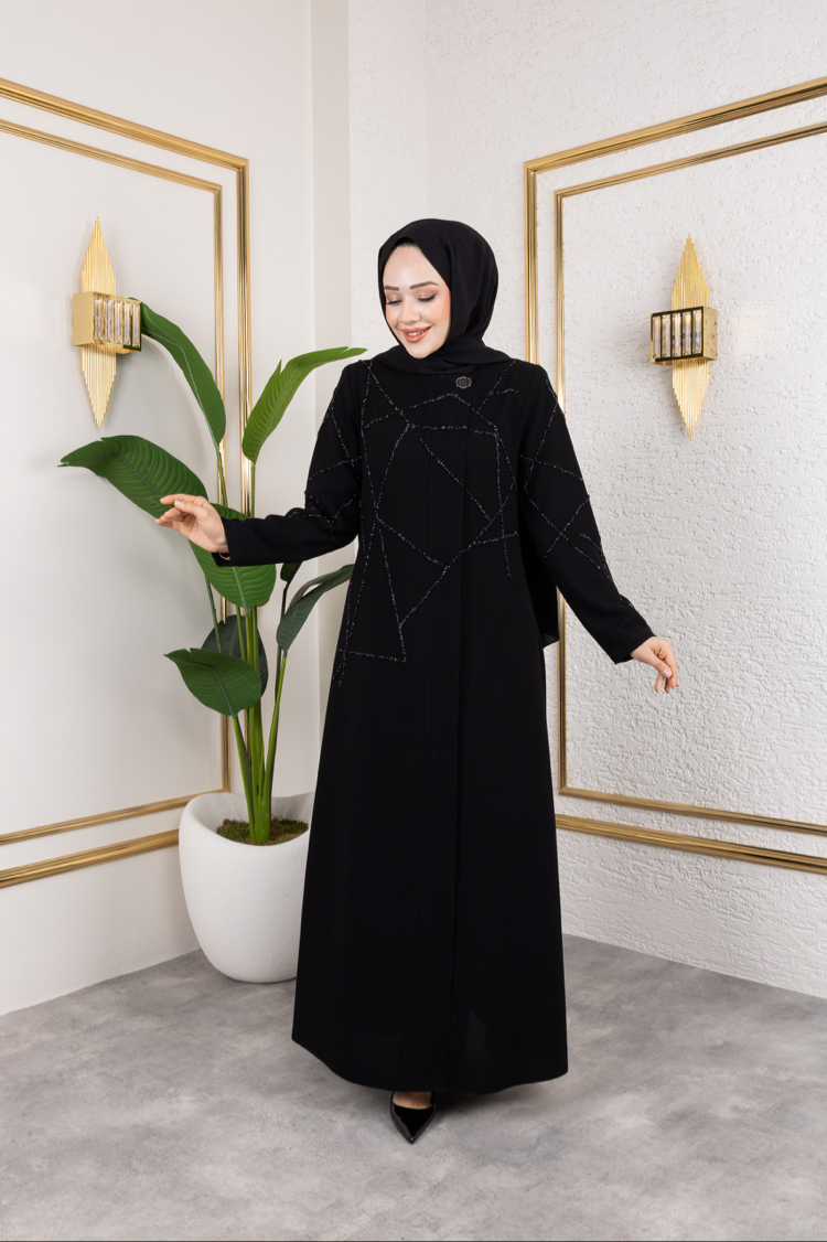 Gizli Fermuarlı Taşlı Ferace(Siyah)