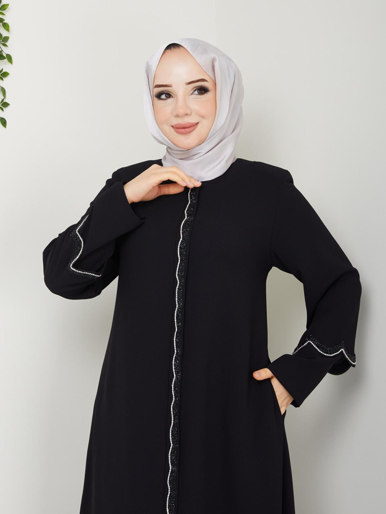 Çift Kol Detaylı Taşlı Ferace(Siyah)