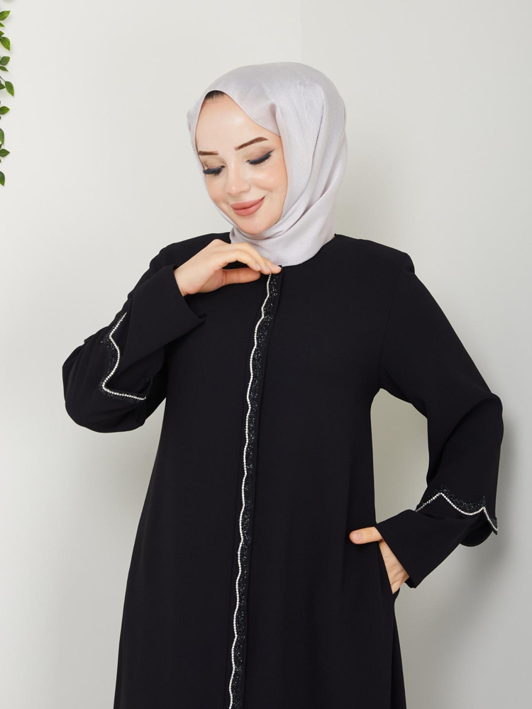 Çift Kol Detaylı Taşlı Ferace(Siyah)