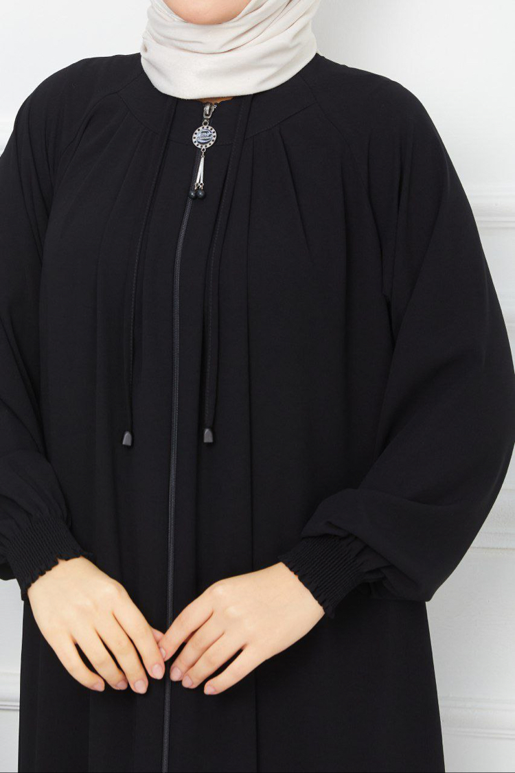 Pile Detaylı Reglan Kol Ferace(Siyah)