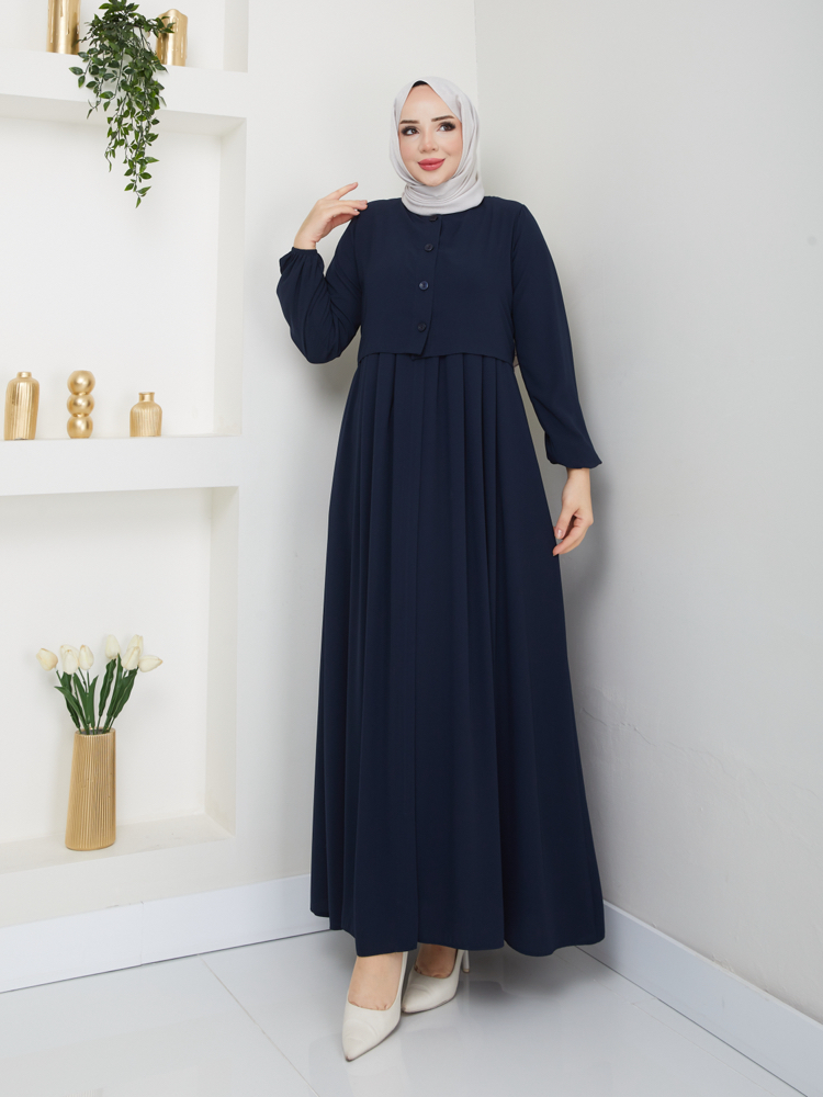 Bolero ve Düğme Detaylı Gizli Fermuarlı Ferace(Lacivert)