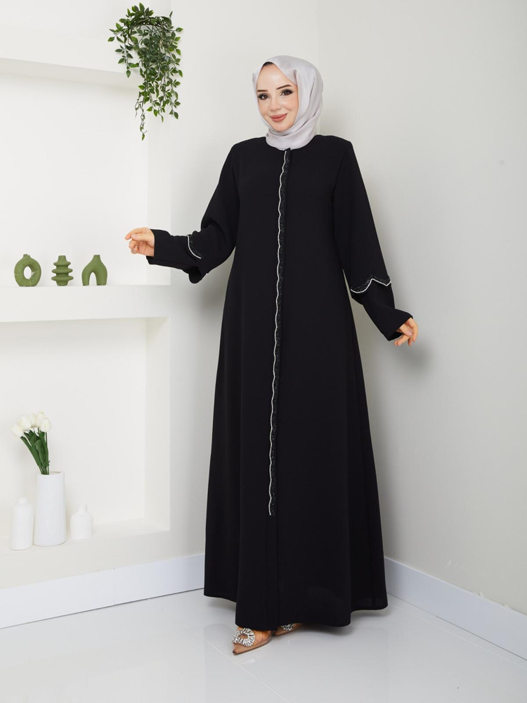 Çift Kol Detaylı Taşlı Ferace(Siyah)